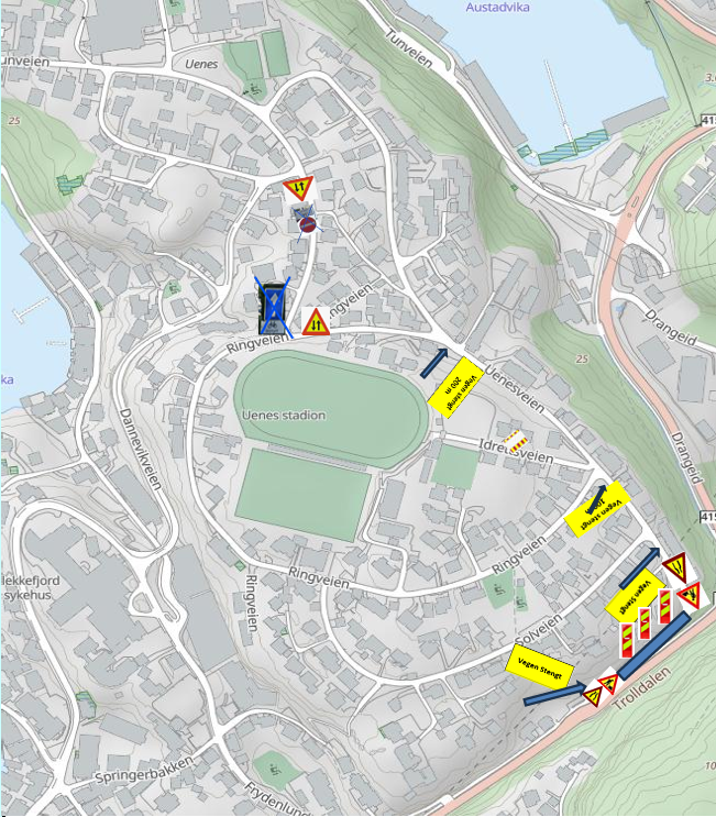 Kartskisse over arbeidsområde i Uenesveien - Klikk for stort bilde